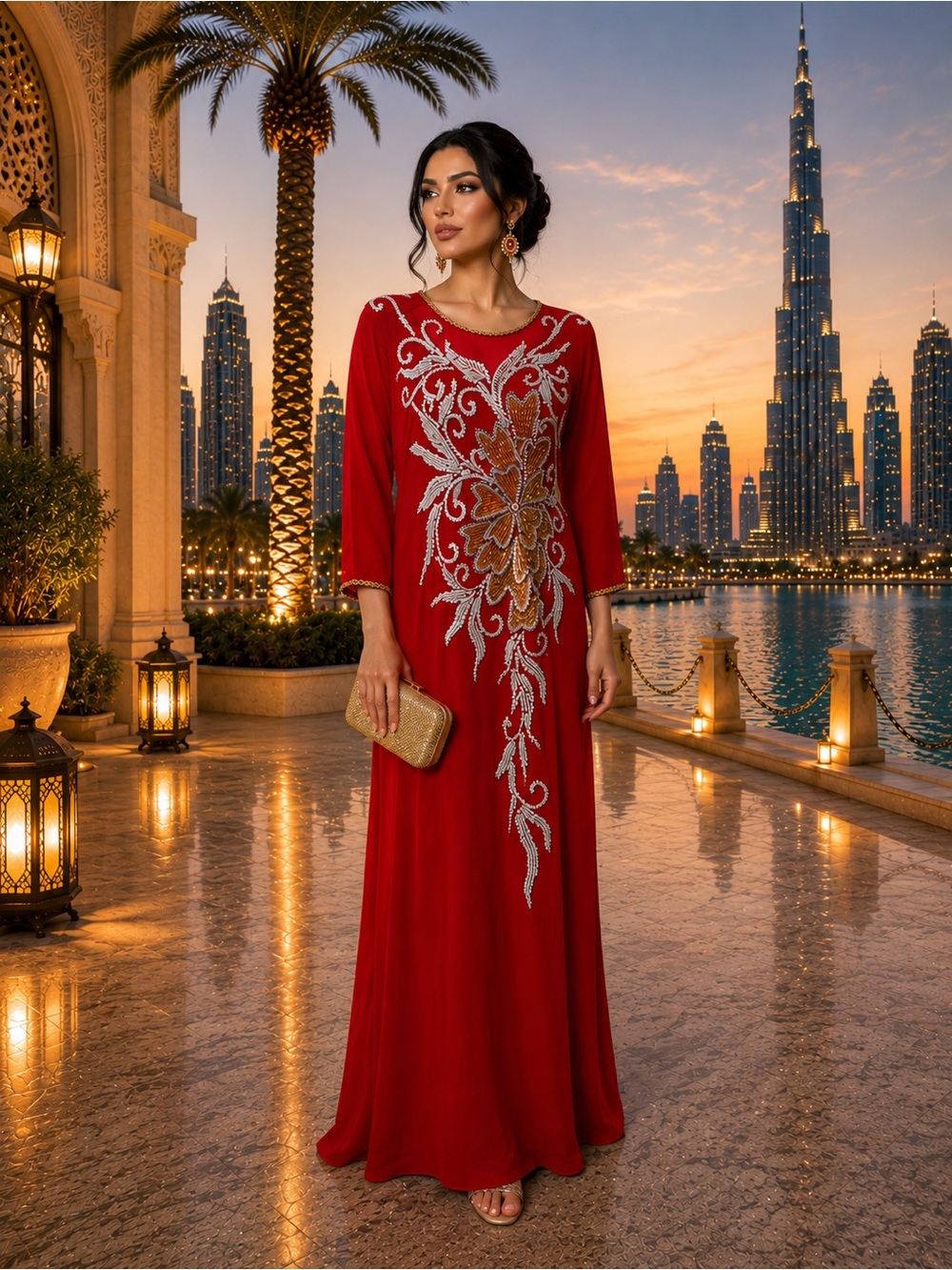 Elegant Red Beaded Embellished  Caftan